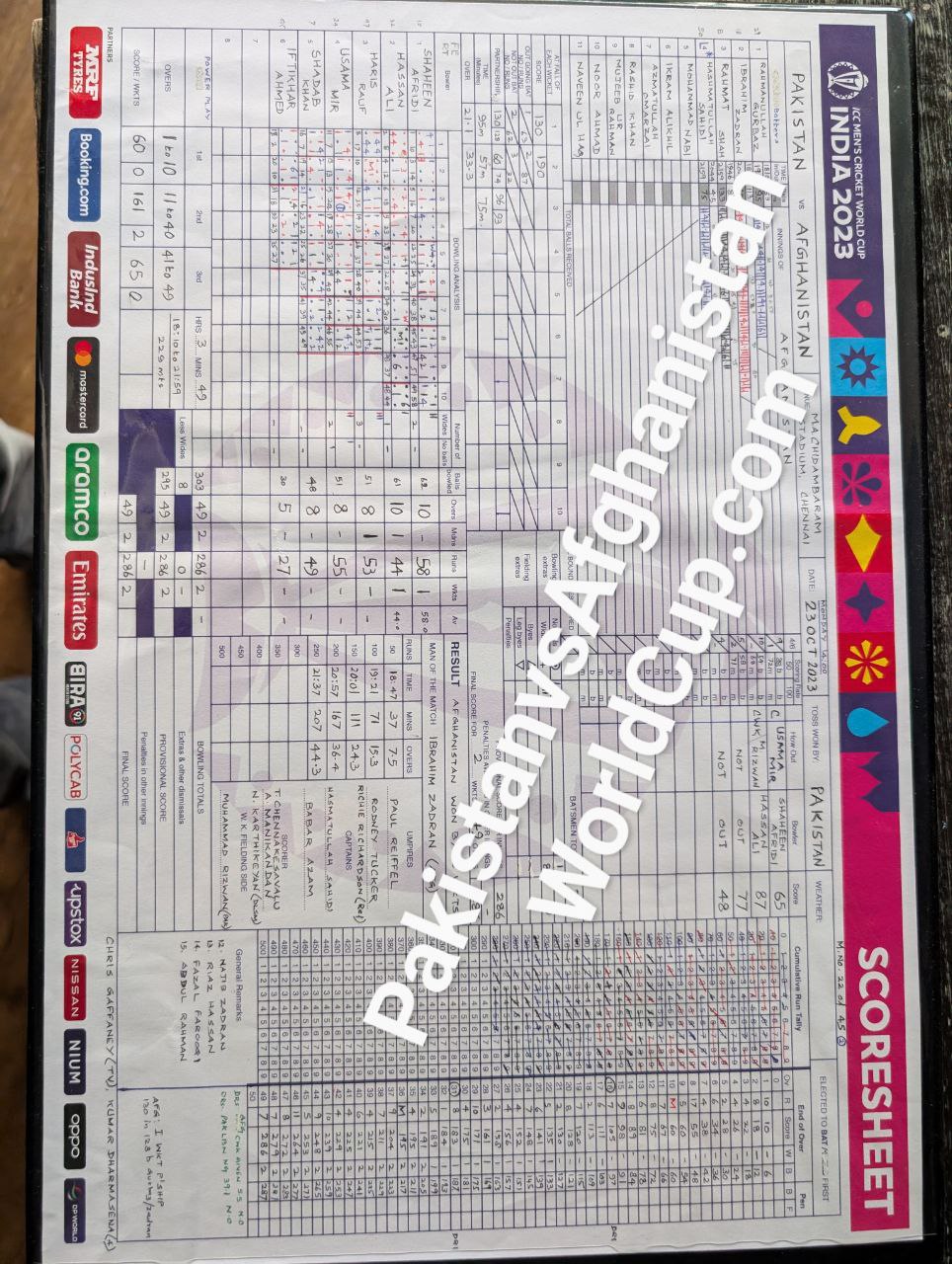 ICC Original Hand-Written Match Scorecard from Afghanistan vs Pakistan 2023 World Cup Chennai - Limited Edition 1 of 1 with ICC Certificate of Authenticity